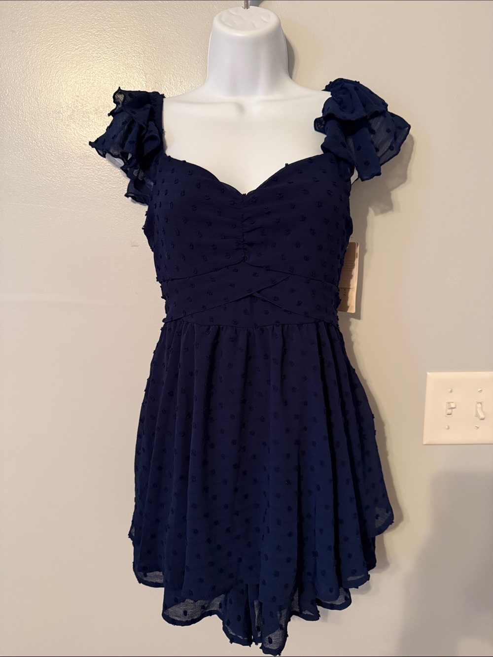 Altar’d State Navy Swiss Dit Ruffle Romper Smocked Tie Back NWT